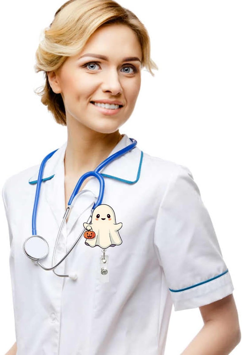 NSSHEL Halloween Badge Reel Acrylic Retractable Holder Cute Littlw Ghost & Pumpkin ID Badge Holder with Alligator Clip for Nurse Teacher Student Office Workers Halloween Card Reels Gifts - Image 5